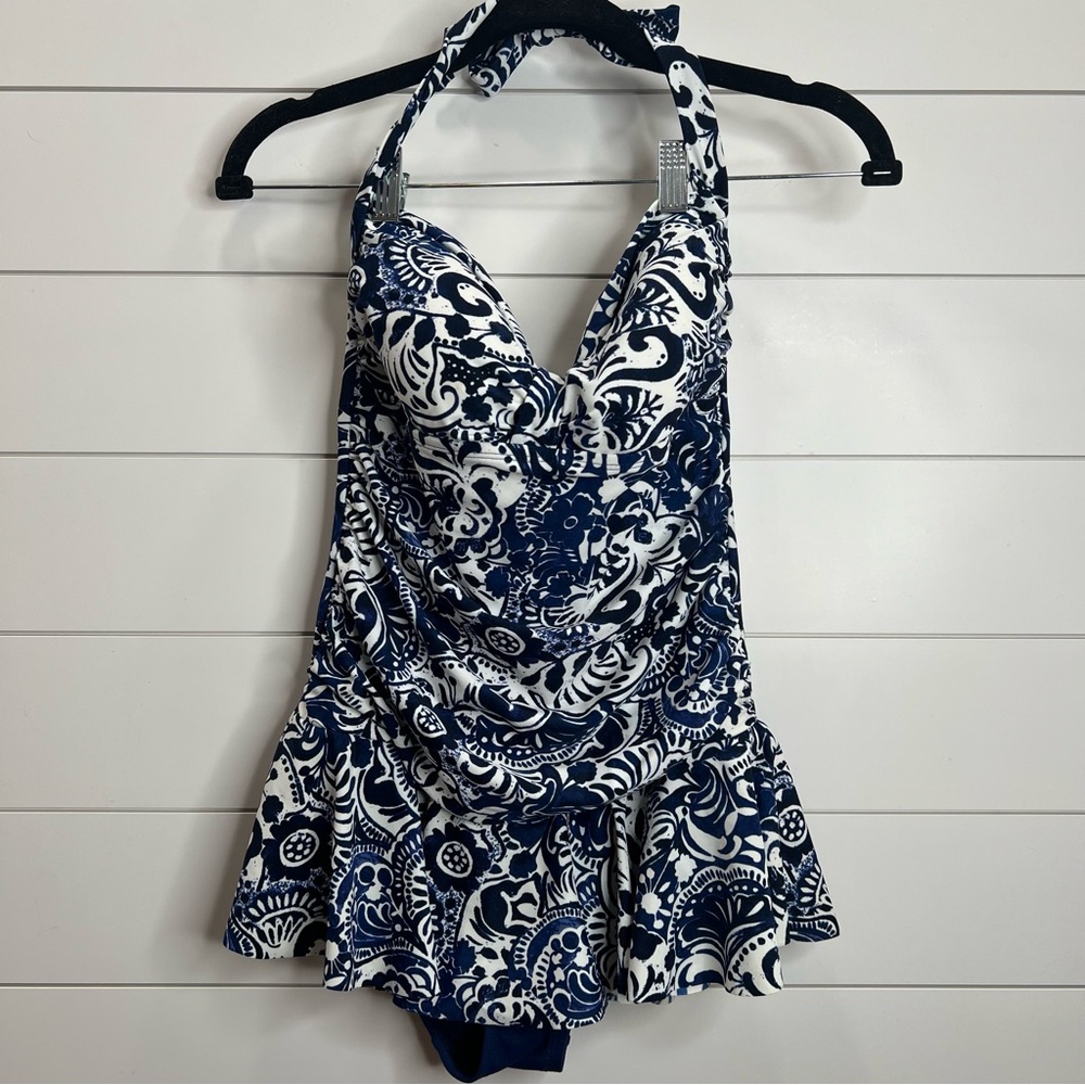 Chaps Navy and White Floral Halter One-Piece Swimdress